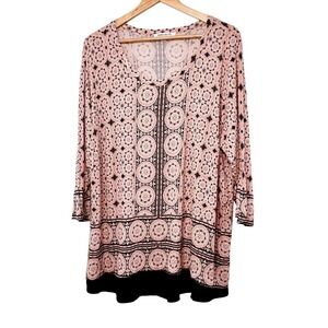 Rose Olive Plus Size 3X Pink Black Medallion Print Tunic Top 3/4 Sleeve‎